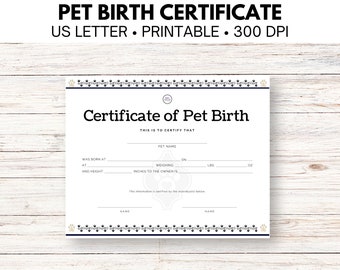 Pet Birth Certificate, Furbaby Adoption Keepsake & Memory, Editable PDF, New Pet Gift Digital Download