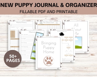 May include: A printable puppy journal and organizer with over 50 pages. The pages include sections for medical history, milestones, pet chore chart, and a "Bringing Puppy Home" section. The journal has a brown paw print design.