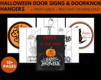 Halloween Decorations Printable Door Sign and Hallows Eve Doorknob Hanger for Halloween Fun Seasonal Decor Bat Pumpkin Deco Black Cat Ghost