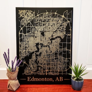 Affiche en métal de la carte d'Edmonton - plan de la ville - carte gravée au laser - cadeau d'anniversaire - art mural de la ville