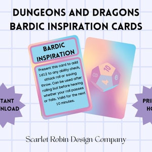 Dungeons and Dragons 5e Bardic Inspiration Cards | Herunterladbar und druckbar | Inspiration Tracking | Bardische Inspiration