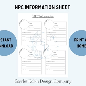 Dungeons and Dragons NPC Information | NPC tracking sheet | Organization for DMs