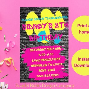 Editable Birthday Party Invitation Template | Art Party Invitations | Painting Party | Graffiti