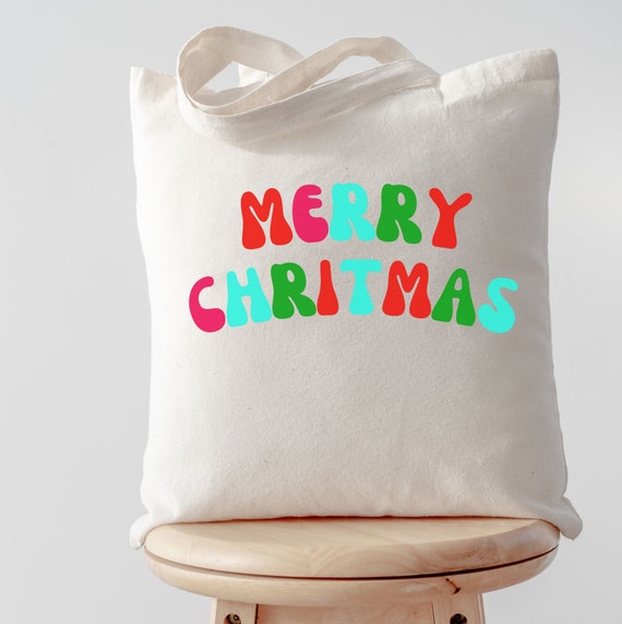 Merry Christmas Canvas Tote Bagretro Tote Bag Christmas Etsy