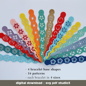 Peut inclure: Une collection de 16 motifs de bracelets en cuir colorés, chacun avec un design différent. Les motifs sont disposés en éventail, avec le texte "4 formes de base de bracelet", "16 motifs" et "chaque bracelet en 4 tailles" en dessous. Le texte "téléchargement numérique | svg pdf studio3" est en bas de l'image.