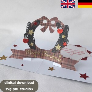 Cartão de Natal Pop Up Wreath SVG PDF STUDIO3 | Arquivo de corte de plotter | pat. 035