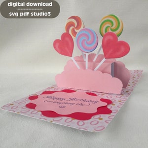 Tarjeta desplegable con soporte para piruletas de San Valentín SVG PDF STUDIO3 / Archivo de corte para trazador / pat. 037