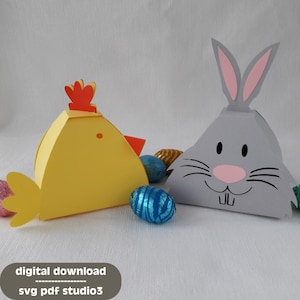 Scatole di dolcetti di Pasqua con pulcini e coniglietti SVG PDF STUDIO3 / File di taglio plotter / pat. 014 + 015