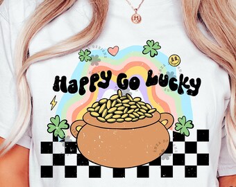 Happy Go Lucky Png, Pot of Gold Png, St Patricks Day Png, Checkered St Patricks Png, Retro St Patrick Png, St Patties Sublimation Designs