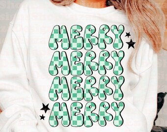 Retro Merry Christmas PNG, Checkered Sublimation Design (Digital Download)