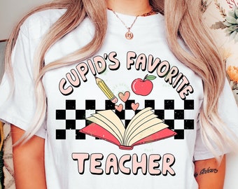 Cupid's Favorite Teacher Png, Teacher Valentines Day Png, Retro Valentines Png, Checkered Teacher Sublimation Designs, Teacher Cute Png