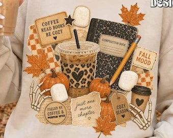 Cozy Autumn Collage PNG, Leopard Print Coffee, Checkered Fall Shirt Design (Digital Download)