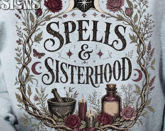 Spells & Sisterhood Witch Shirt PNG, Vintage Gothic Roses, Moths, Moon Phases (Digital Download)