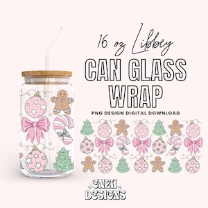 May include: A digital download design for a 16 oz. Libbey can glass wrap featuring a Christmas theme with pink and green ornaments, candy canes, gingerbread people, and bows. The design is perfect for creating custom tumblers for the holiday season.