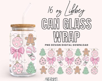May include: A digital download design for a 16 oz Libbey can glass wrap featuring a Christmas theme with pink and green baubles, candy canes, gingerbread people, and bows. The design is perfect for creating custom tumblers for the festive season.