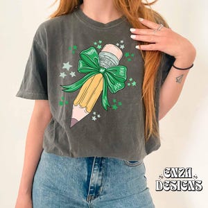 Back To School Teacher Png Design For Sublimation Dtf UVDtf, Trendy Teacher Png Designs For Shirts,  Pencil With Green Bow, Popular Png