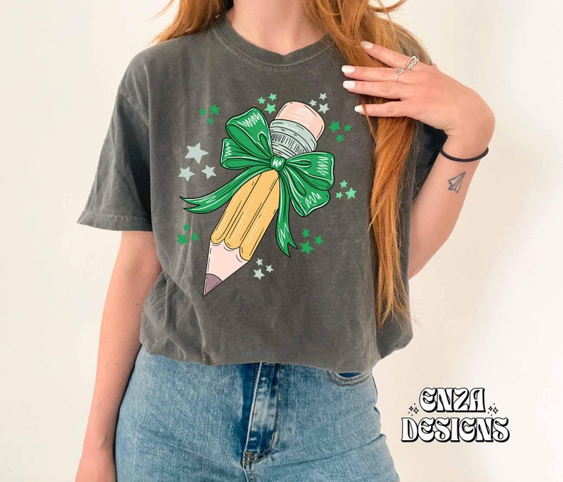 Back To School Teacher Png Design For Sublimation Dtf UVDtf, Trendy Teacher Png Designs For Shirts,  Pencil With Green Bow, Popular Png