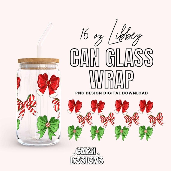 Christmas Coquette Bows 16 oz Libbey Can Glass Wrap Png Digital Download, Holiday Libbey Can Wrap Png Uv Dtf designs, Xmas Libbey Cup Png