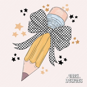 Checkered Bow Pencil Png Teacher Design For Sublimation Dtf UVDtf, Trendy Teacher Back To School Png Designs For Shirts, Pencil With Bow Png