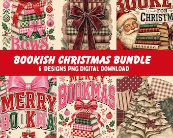 Bookish Christmas PNG Bundle, Book Lover Shirts Sublimation Designs Digital Download