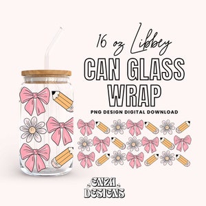 May include: A digital download design for a 16 oz. Libbey can glass wrap featuring a pattern of pink bows, yellow pencils, and white daisies. The design is perfect for adding a touch of whimsy to your everyday drinks.