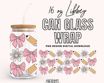 Apreciação Do Professor 16 oz Libbey Can Glass Wrap Png Digital Download, Cute Libbey Can Wrap Png Uv Dtf designs, Pencil Bows Libbey Cup Png