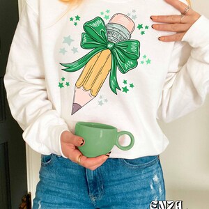Back To School Teacher Png Design For Sublimation Dtf UVDtf, Trendy Teacher Png Designs For Shirts,  Pencil With Green Bow, Popular Png