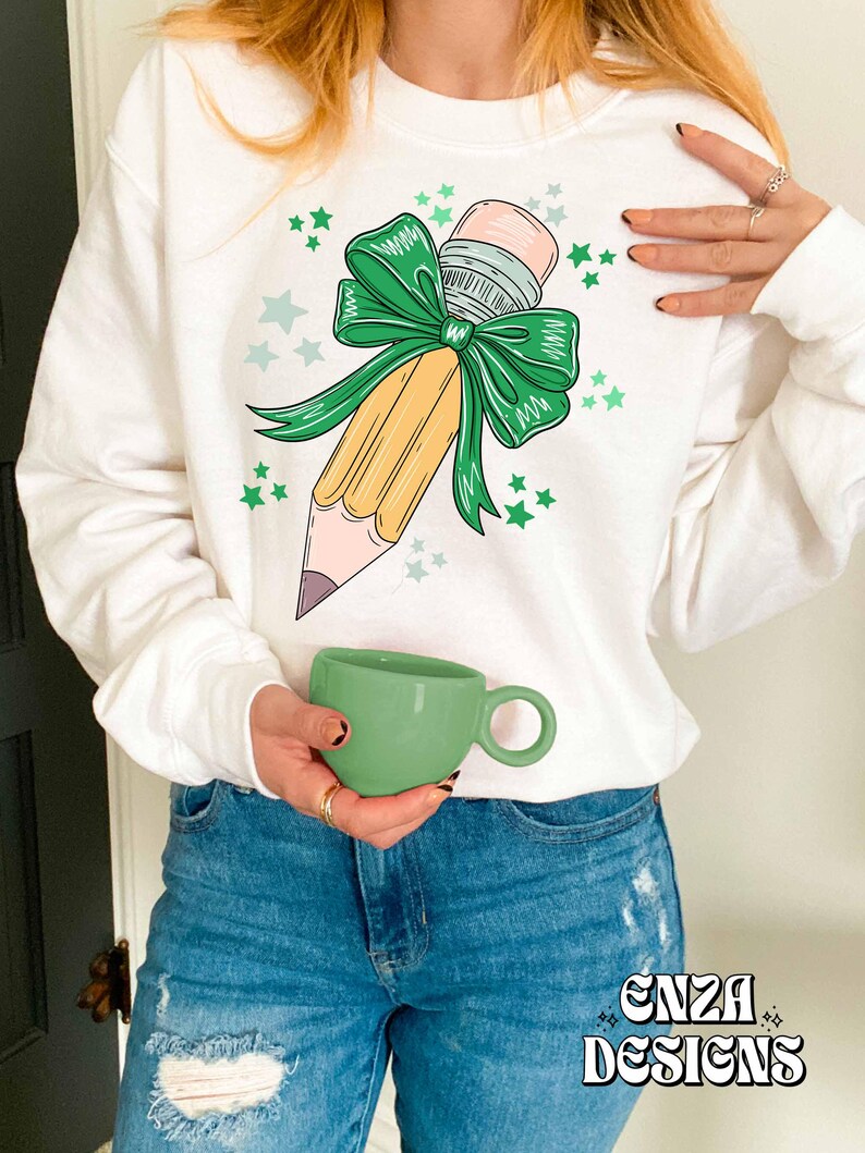 Back To School Teacher Png Design For Sublimation Dtf UVDtf, Trendy Teacher Png Designs For Shirts,  Pencil With Green Bow, Popular Png