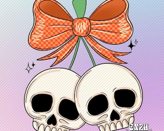 May include: Illustration of two white skull-shaped cherries with black eye sockets and teeth, connected by green stems. A large orange bow with a checkered pattern sits above the cherries. The background is a gradient of purple and blue with diagonal lines.
