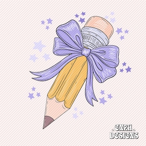 Lavender Bow With Pencil Teacher Png Back To School Design For Sublimation Dtf UVDtf, Trendy Teacher Png Coquette Pencil With Bow Design Png