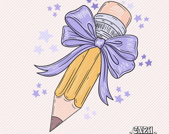 Lavender Bow Pencil PNG, Teacher Back To School Design (Digital Download)