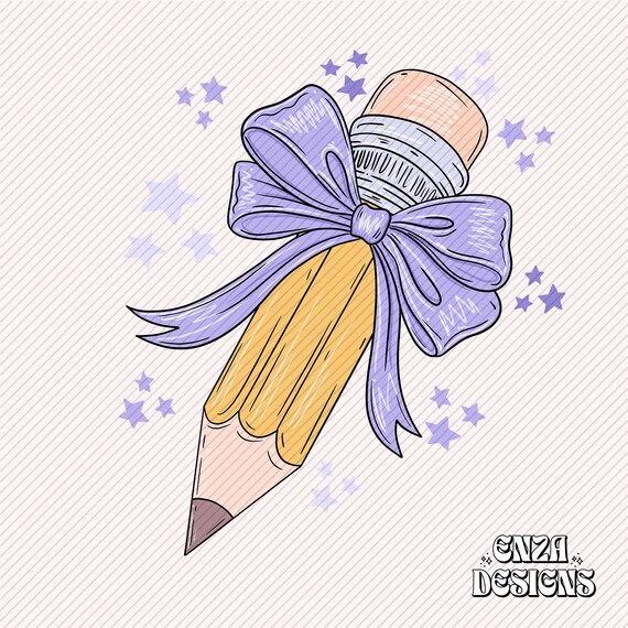 Lavender Bow With Pencil Teacher Png Back To School Design For Sublimation Dtf UVDtf, Trendy Teacher Png Coquette Pencil With Bow Design Png