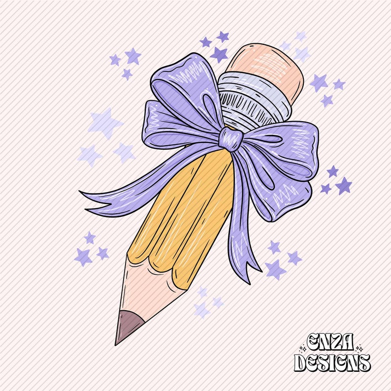 Lavender Bow With Pencil Teacher Png Back To School Design For Sublimation Dtf UVDtf, Trendy Teacher Png Coquette Pencil With Bow Design Png