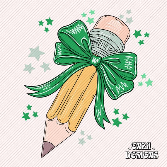 Back To School Teacher Png Design For Sublimation Dtf UVDtf, Trendy Teacher Png Designs For Shirts,  Pencil With Green Bow, Popular Png