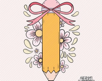 Teacher Pencil PNG, Pink Bow and Flowers, Trendy Coquette Design (Digital Download)