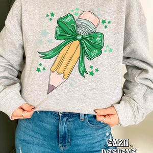 Back To School Teacher Png Design For Sublimation Dtf UVDtf, Trendy Teacher Png Designs For Shirts,  Pencil With Green Bow, Popular Png