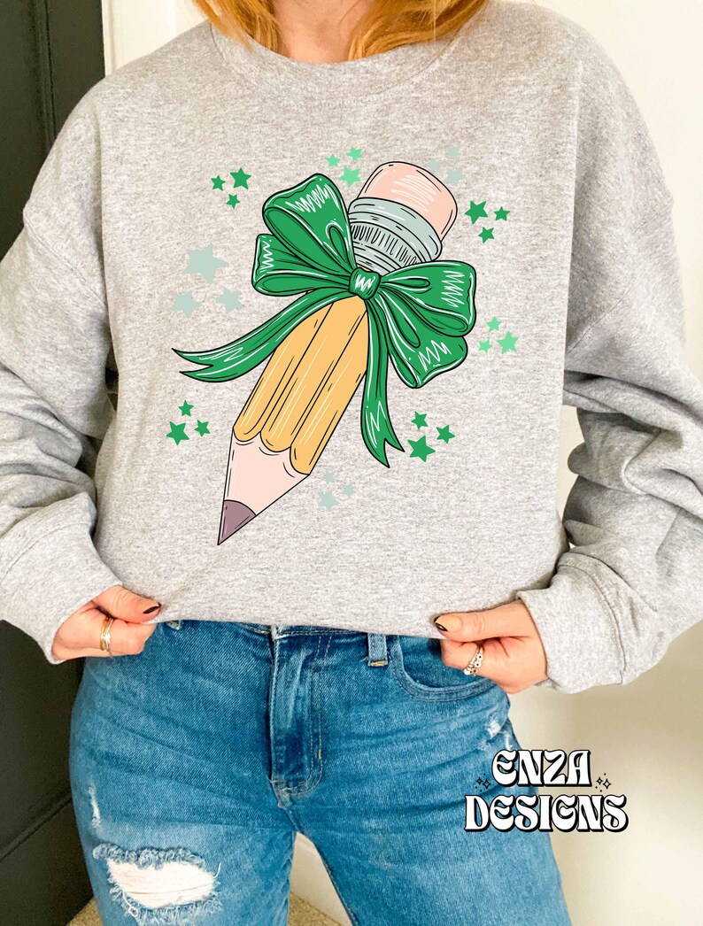 Back To School Teacher Png Design For Sublimation Dtf UVDtf, Trendy Teacher Png Designs For Shirts,  Pencil With Green Bow, Popular Png