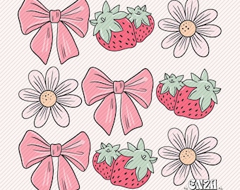 Summer Png Design For Shirts, Floral Png Designs Pink Bows Strawberry Png, Cute Summer Dtf Design, Summer Trendy Digital Download For Shirts
