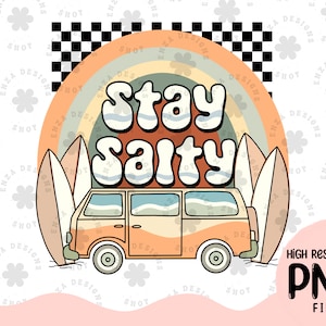 May include: A digital illustration of a vintage van with surfboards on the side, driving through a rainbow arch. The text "Stay Salty" is in a retro font above the van.