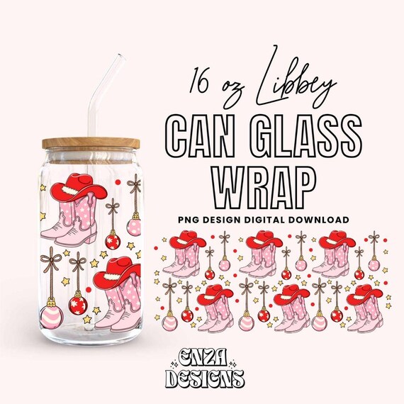 Cowgirl Christmas 16 oz Libbey Can Glass Wrap Png Digital Download, Western Libbey Can Wrap Png Uv Dtf designs, Cowboy Hat Libbey Cup Png