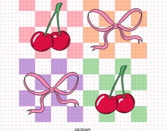 Checkered Cherry Bows PNG Design, Preppy Spring (Digital Download)