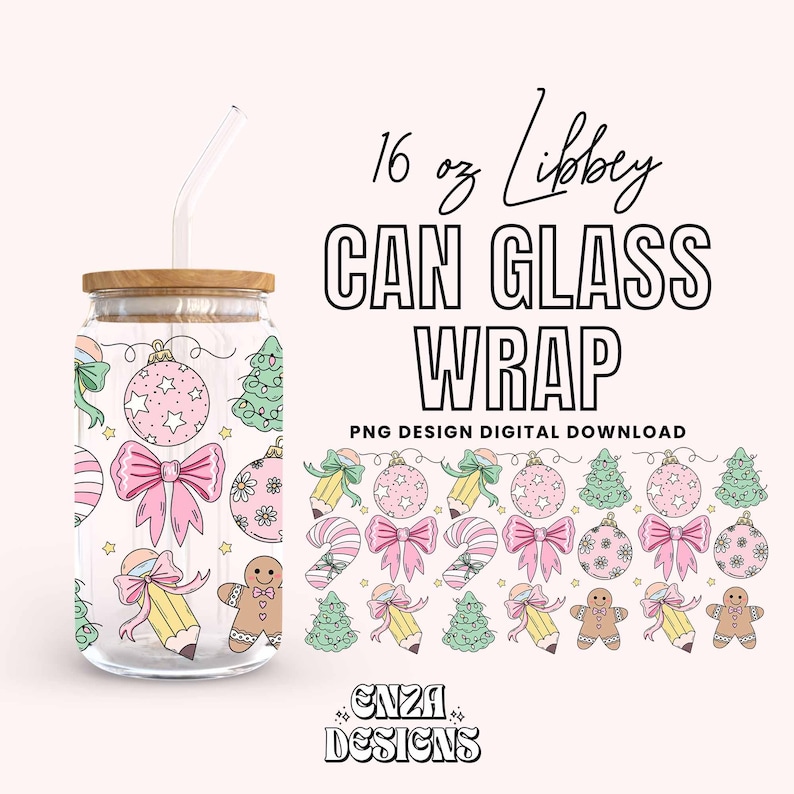 Christmas Teacher 16 oz Libbey Can Glass Wrap Png Digital Download, Holiday Libbey Can Wrap Png Uv Dtf designs, Pencil Bows Libbey Cup Png