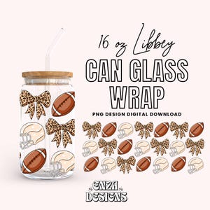 May include: A 16 oz. Libbey can glass wrap design featuring a pattern of footballs, helmets, and bows with a leopard print design. PNG design digital download.