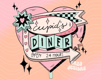 Retro Valentines Day Png, Cupid's Diner Png, Valentines Sublimation Designs for Shirts, Valentines Digital Download, Valentines Png Clipart