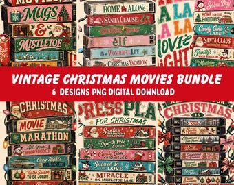 Vintage Christmas Movie Night PNG Bundle, Retro VHS Designs (Digital Download)