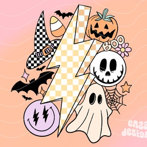 Retro Halloween Png, Beach Shirt Design, Spooky Season Png, Checkered Lightning, Retro Smiley Sublimation, Halloween Sublimation, Shirt Png