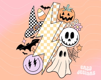 Retro Halloween Png, Beach Shirt Design, Spooky Season Png, Checkered Lightning, Retro Smiley Sublimation, Halloween Sublimation, Shirt Png