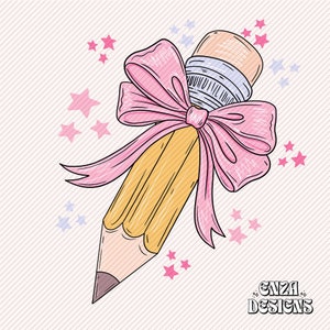 May include: A yellow pencil with a pink bow tied around the eraser. The pencil is surrounded by pink and blue stars.