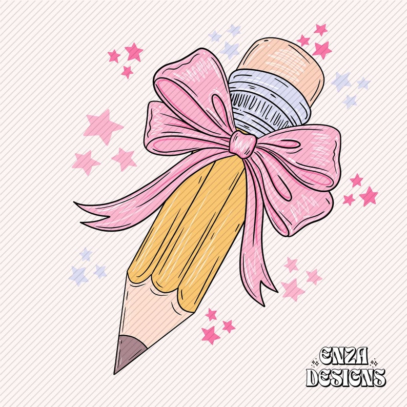 May include: A yellow pencil with a pink bow tied around the eraser. The pencil is surrounded by pink and blue stars.