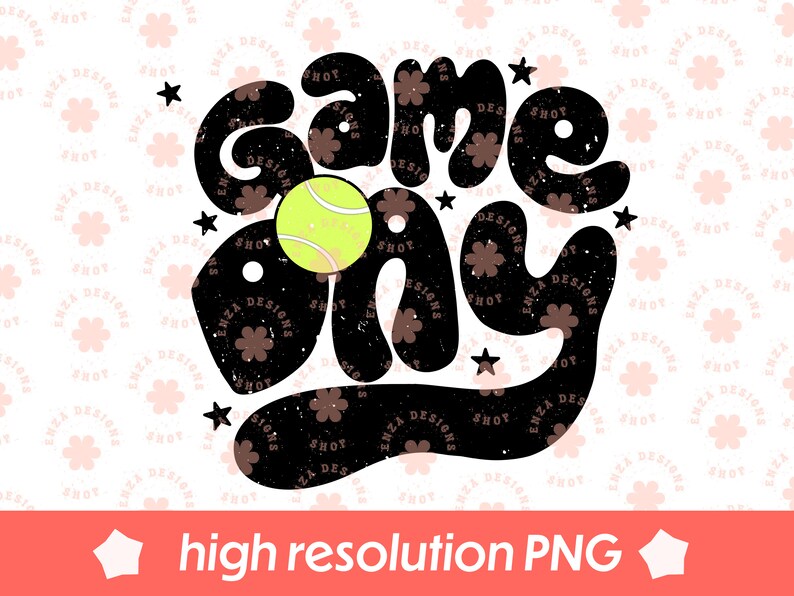 K&ouml;nnte beinhalten: Schwarzwei&szlig;es Grafikdesign mit dem Text "Game Day" im Retro-Stil. Ein gelber Tennisball befindet sich im "O" von "Game".